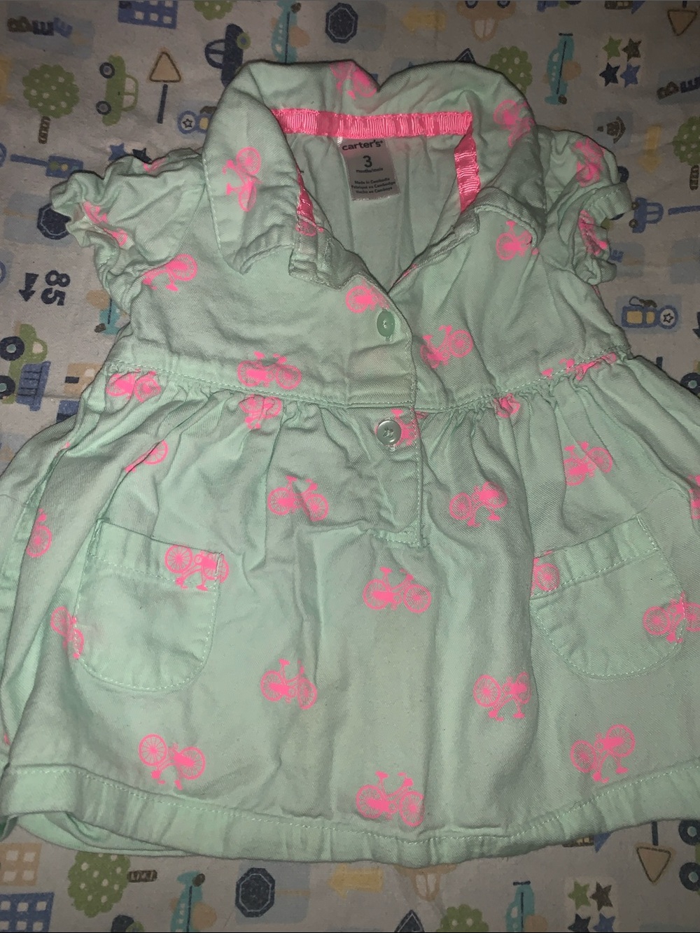 👗🍼Carter's Mint Green Dress with Neon Pink Bike Print